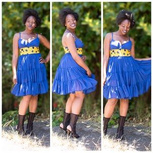 African print and chiffon strapless gathered dress